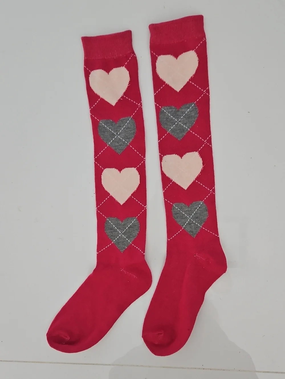 Pink Knee-High Argyle Pattern Socks with Pink and Gray Hearts
